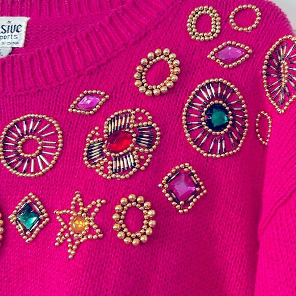 Vintage bright pink cotton/ramie sweater with beads and rhinestones - size L - Picture 3 of 9